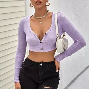 SHEIN Lilac Ribbed Button-Up Crop Top
